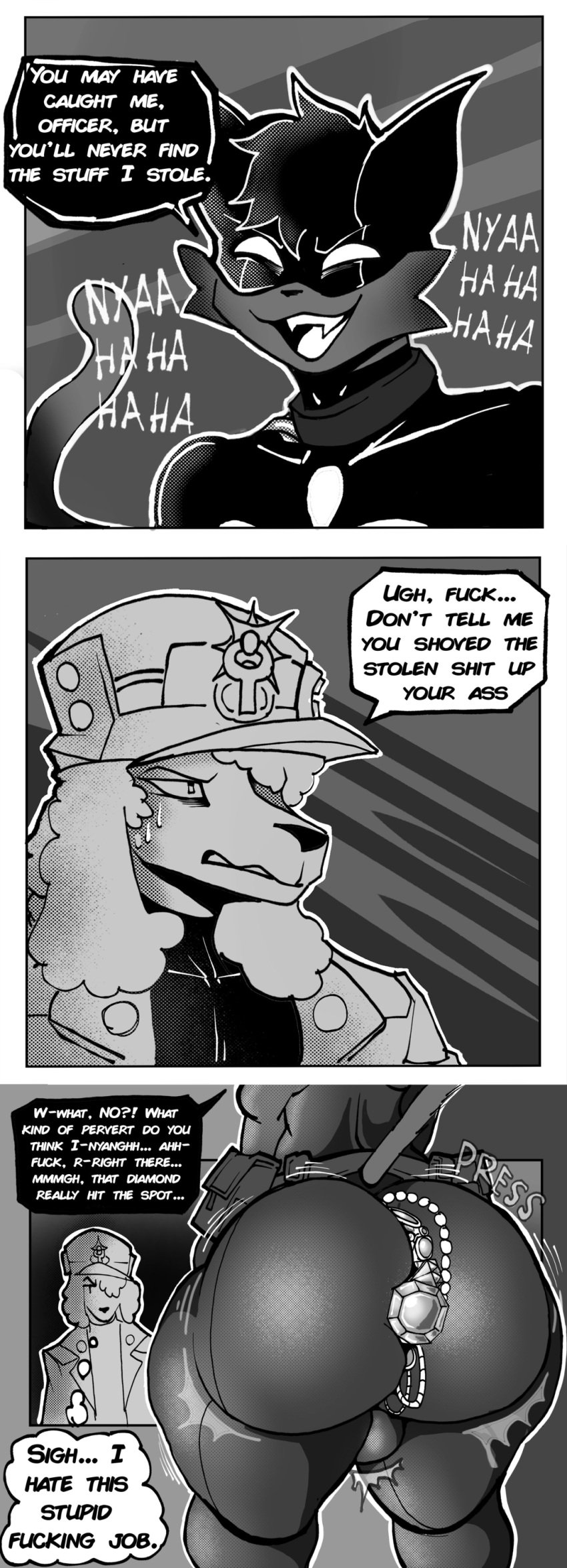 2025 3_panel_comic absurd_res anal anthro ass big_butt bigass black_clover_(masterj291) canid canine canis clothing comic dialogue digital_media_(artwork) domestic_cat domestic_dog duo fat_ass felid feline felis femboy furry furry_only gem hat headgear headwear hi_res huge_ass huge_butt jewelry male mammal monochrome moonmoss64 object_between_cheeks object_in_ass onomatopoeia simple_background sound_effects speech_bubble text thick_thighs thought_bubble tight_clothing villainous
