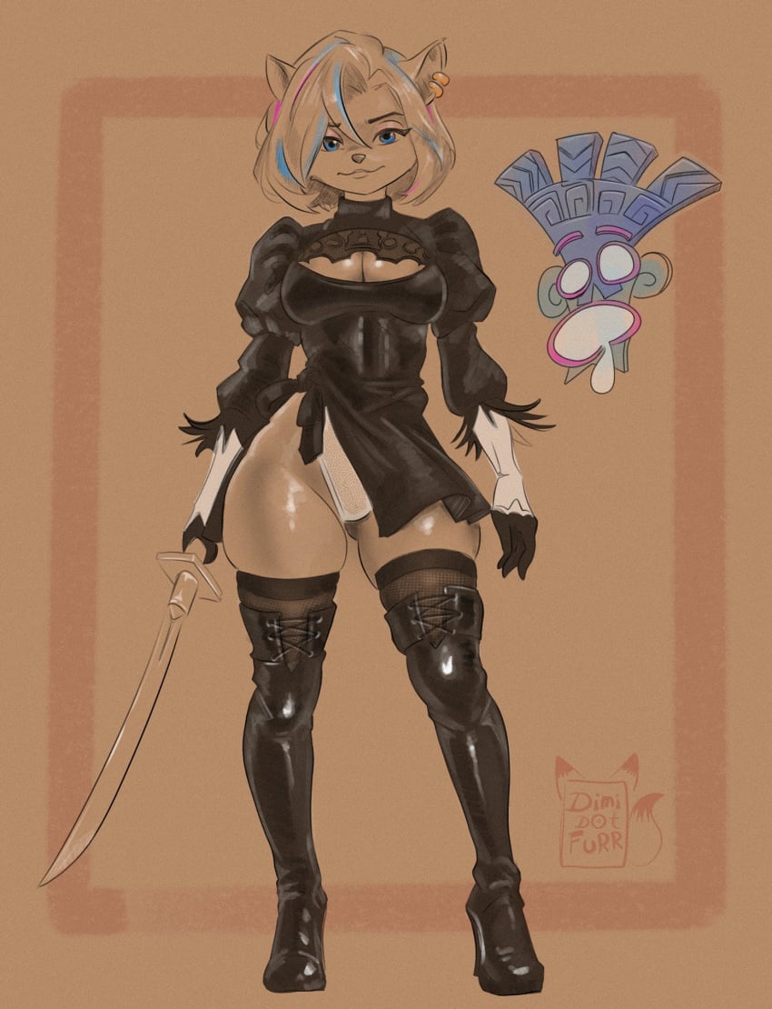 2025 activision anthro armwear bandicoot big_breasts blue_eyes boots bottomwear breasts cleavage clothed clothing cosplay crash_(series) crossover crossover_cosplay digital_drawing_(artwork) digital_media_(artwork) dimidotfurr ear_piercing elbow_gloves female footwear gloves handwear hi_res high_heels katana leather leather_clothing legwear long_legs looking_at_viewer mammal marsupial melee_weapon nier:_automata piercing platinumgames shoes signature skirt solo sword tawna_bandicoot thick_thighs thigh_boots thigh_highs weapon wide_hips yorha_2b_(cosplay)