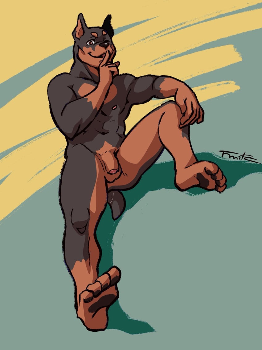 abs anthro athletic athletic_anthro athletic_male balls black_body black_fur bodily_fluids brown_body brown_fur canid canine canis dobermann domestic_dog feet foreskin fruitz fur genital_fluids genitals hi_res humanoid_genitalia looking_at_viewer male mammal nipples nude nude_anthro nude_male one_eye_closed pawpads pecs penis pinscher pointy_ears precum precum_string red_eyes shush sitting solo wink winking_at_viewer