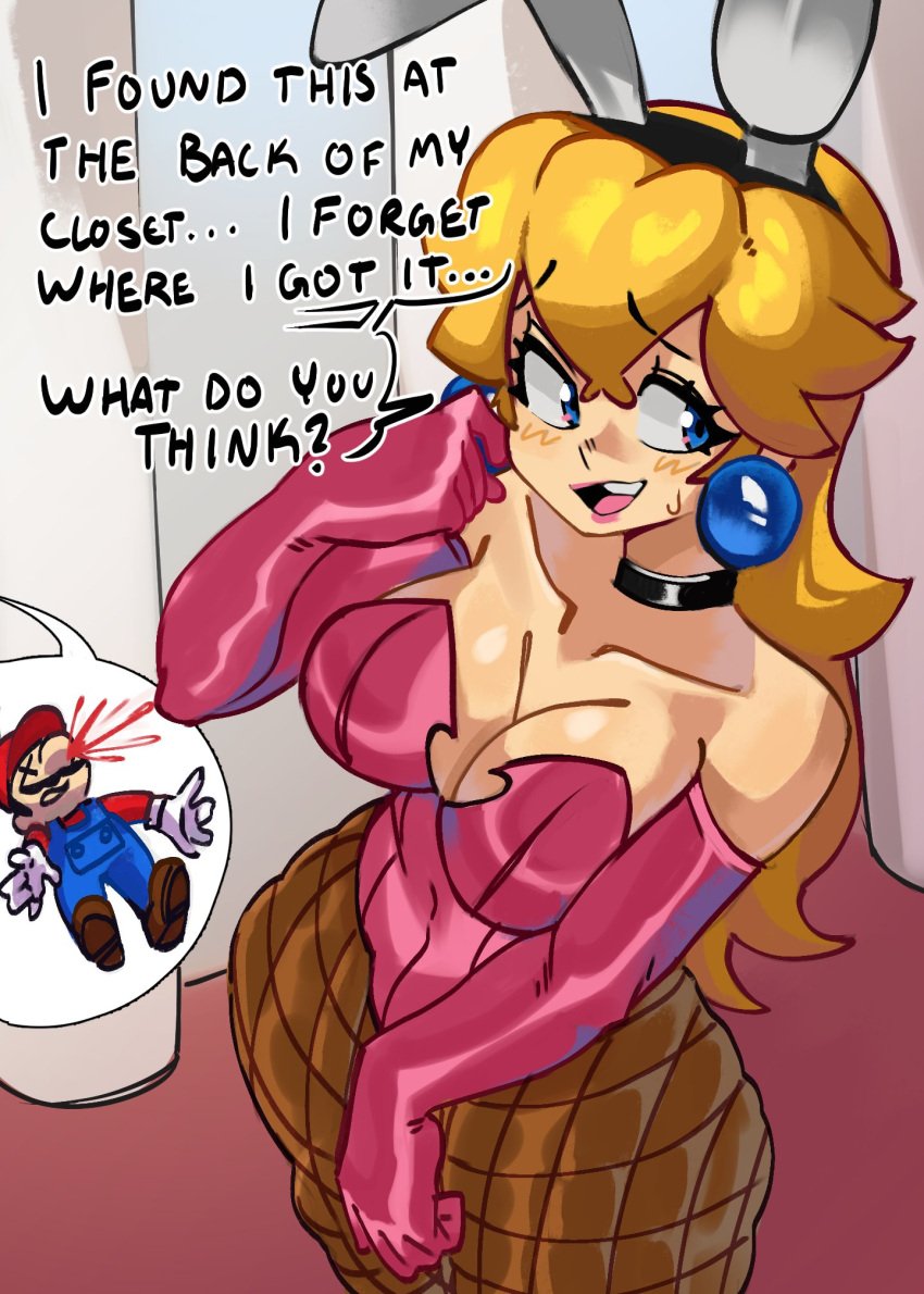 1boy 1girls big_breasts blonde_hair blue_eyes breasts bunny_ears busty choker cleavage curvy earrings english_text female fishnet_legwear fishnets light-skinned_female light_skin male mario mario_(series) moxydraws moxydrawsmore nintendo nosebleed playboy_bunny princess_peach