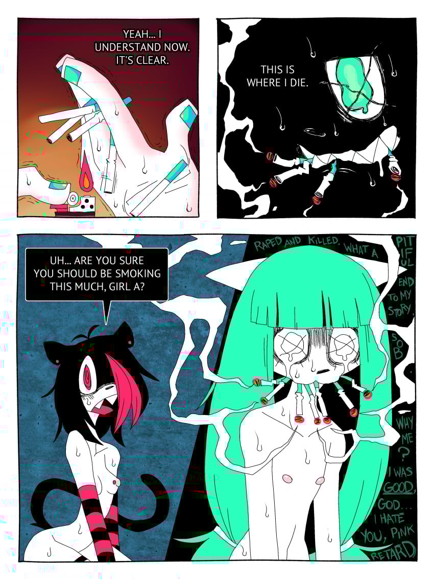 absurd_res anthro blue_eyes blue_fingernails blue_hair blue_nails bodily_fluids breasts cigarette colored_nails comic crying duo ear_piercing felid female female/female fingernails flat_chested girl_a girl_b hair hi_res insult lighter mammal multiple_cigarettes nails nipple_piercing nipples piercing ponporio red_eyes red_hair shaking slur smoking smoking_cigarette sweat tail tears worried