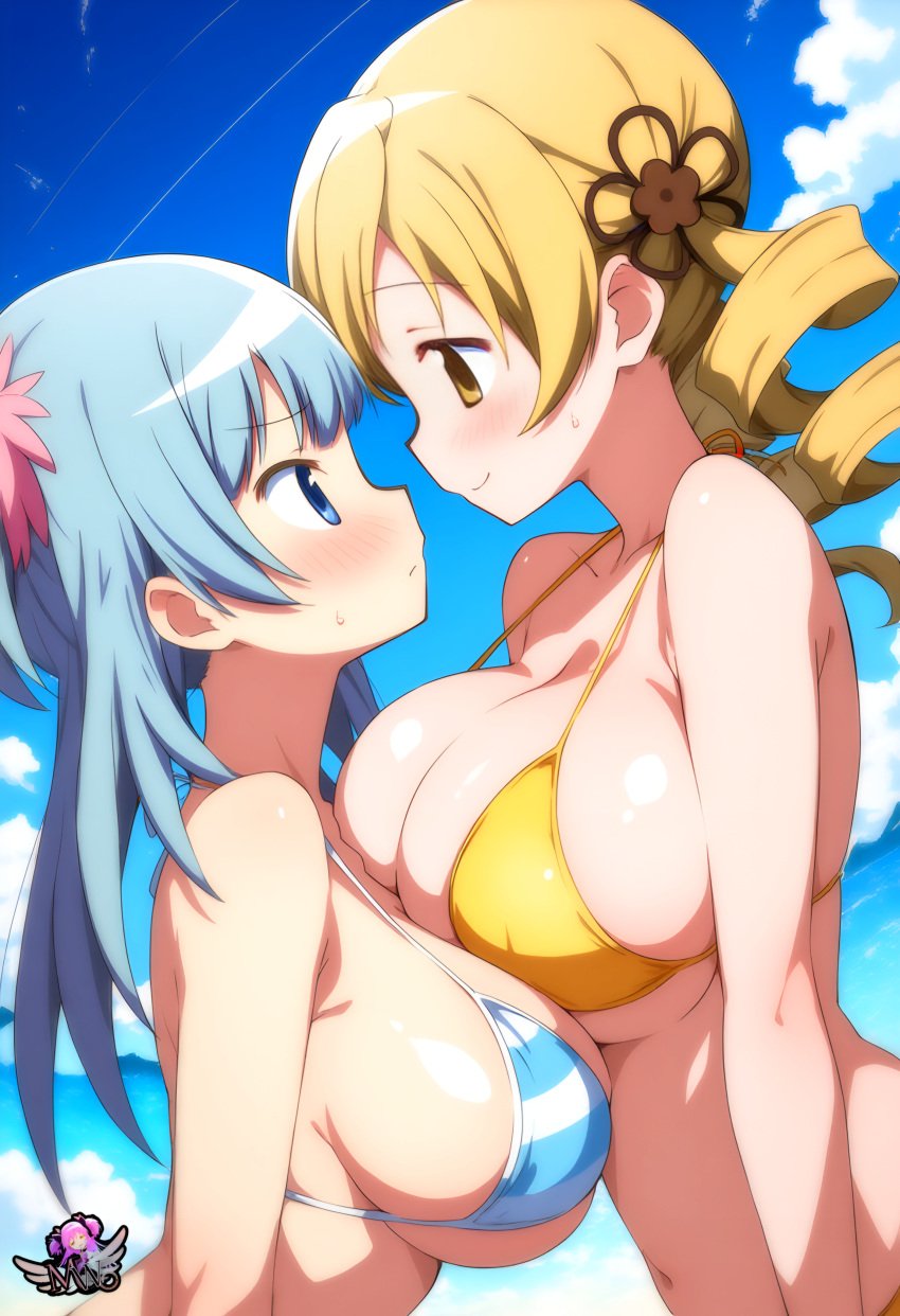 2girls ai_generated artist_logo beach big_breasts bikini blue_hair breasts drill_hair face_to_face female girls hi_res huge_boobs huge_breasts madoka_worship magia_record:_mahou_shoujo_madoka_magica_gaiden magical_girl mahou_shoujo_madoka_magica minami_rena puella_magi_madoka_magica tomoe_mami twin_drills twintails voluptuous voluptuous_female yellow_eyes yellow_hair