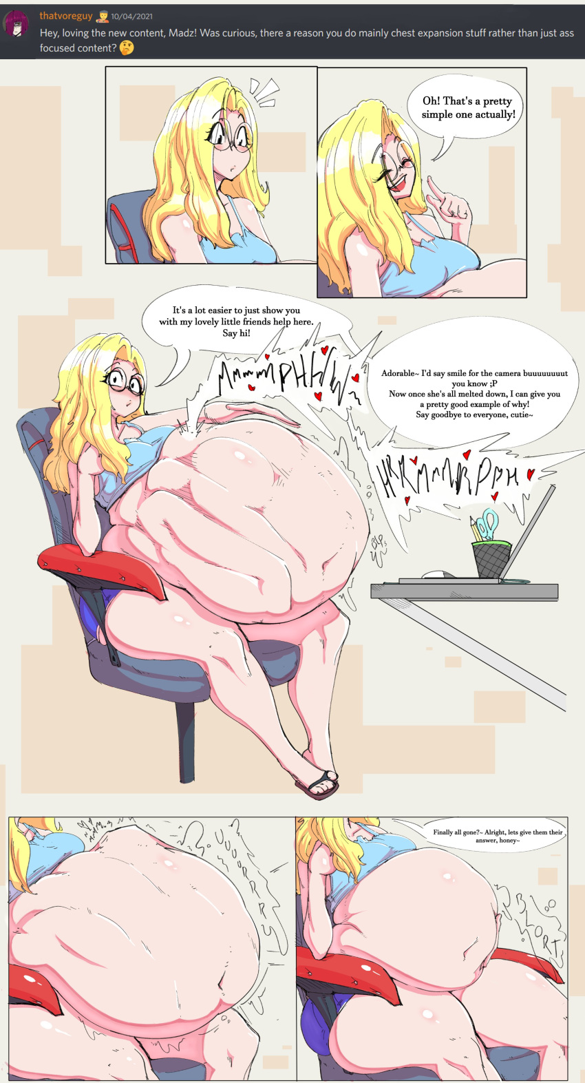 1girls belly big_belly blonde_hair blush burp burping clothing comic cruel_pred digestion female female_only fourofour glasses huge_belly large_breasts madz_(madzisstacked) madzisstacked real_person same_size_vore stomach_noises thick_thighs thighs vore