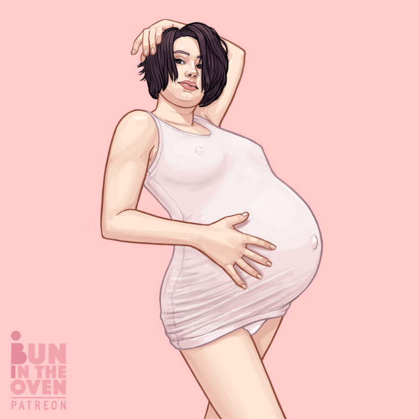 1girls belly big_belly big_breasts breasts bunintheoven female hand_on_belly nipples nipples_visible_through_clothing pregnant solo_female transparent_clothing