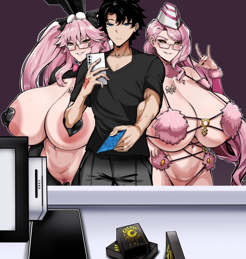 1boy 2025 2girls bunnysuit cash cash_register dangerous_beast fate/grand_order fate_(series) female fujimaru_ritsuka_(male) handing_over holding holding_object holding_phone koyanskaya_(assassin) koyanskaya_(fate) koyanskaya_(foreigner) male mash_kyrielight_(dangerous_beast)_(cosplay) money nonchalant owner1657 paying reverse_bunnysuit