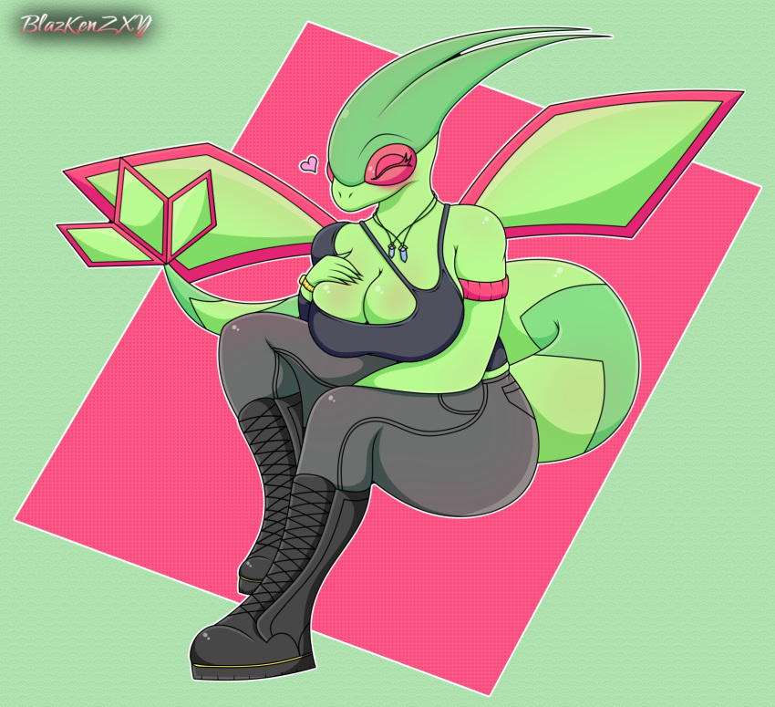 2022 anthro anthrofied big_breasts big_tail blazkenzxy boots cleavage closed_eyes clothing curvy_figure digital_drawing_(artwork) digital_media_(artwork) dragon female flygon green_body heart hi_res pokémon_(species) pokemon pokemon_(species) pokemorph signature simple_background solo tight_clothing video_games wings