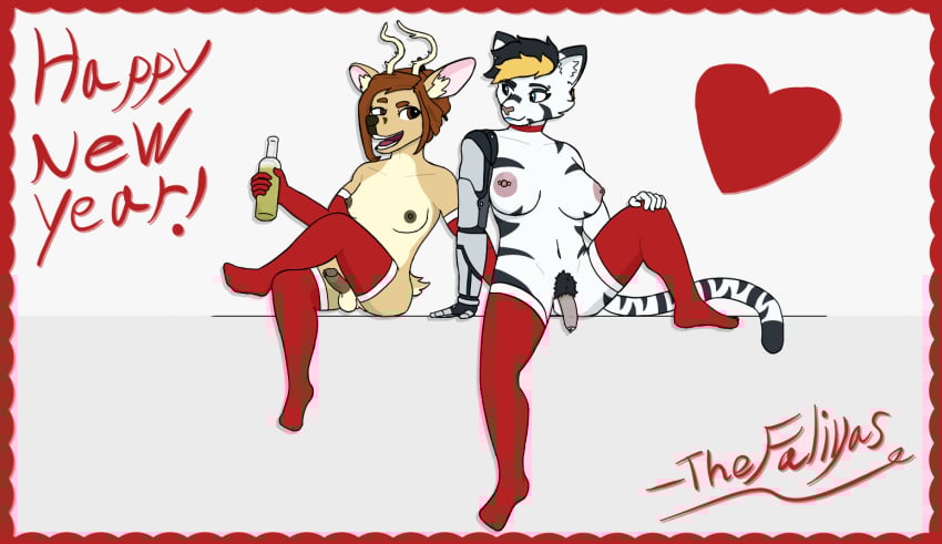abstract_background alcohol anthro antlers avo_faliya balls beverage big_nipples black_body black_fur blue_eyes brown_eyes cervine choker clothing countershading cybernetic_arm cybernetic_limb cybernetics dark_body dark_skin deer duo evening_gloves eyebrow_percing felid female female/female foreskin fur futanari genitals gloves gynomorph hair hair_bun handwear heart_symbol highlights_(coloring) holidays horn intersex jewelry kcdodger legwear light_body light_skin machine mammal necklace new_year nipple_piercing nipples pantherine penis piercing postcard prosthetic saladin_faliya sidecut signature small_nipples smile stockings stripes tail tan_body tan_fur text thigh_highs tiger trans_(lore) trans_woman_(lore) uncircumcised white_body white_fur