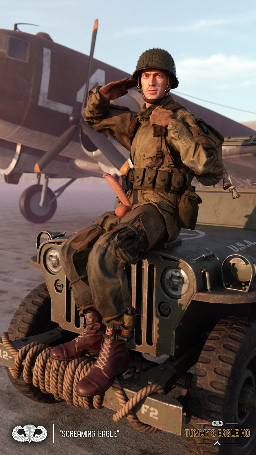 army erection exhibitionism gay gay_male gay_sex medal_of_honor_airborne military outdoors recruitment_poster salute soldier tommys_eagle_hq uniform ww2