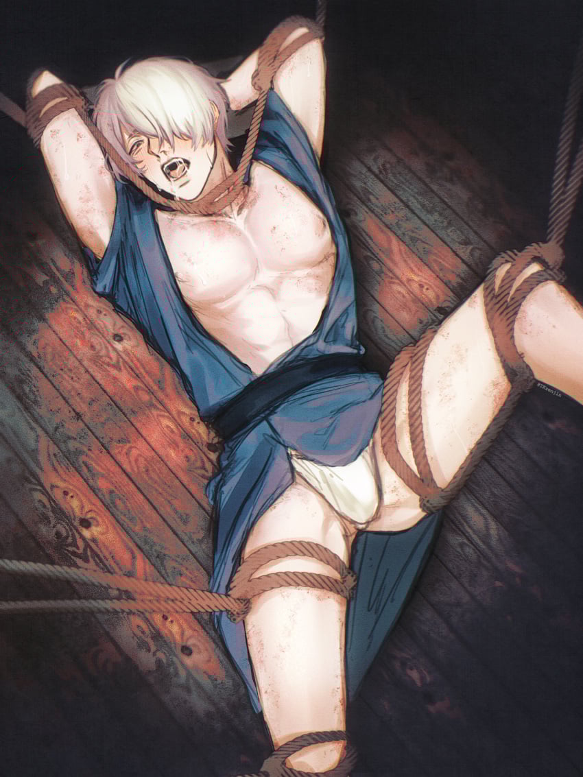 2d arms_up blood bondage bruise bruised bruises captured defeated dilf fundoshi gegege_no_kitarou hair_over_one_eye kimono kitarou_tanjou_gegege_no_nazo looking_at_viewer male male_only medama_oyaji_(human) nipples nosebleed on_back open_clothes open_kimono open_mouth pale-skinned_male pale_skin pecs restrained rope rope_bondage solo sweat tk_zenjin toned toned_male white_hair