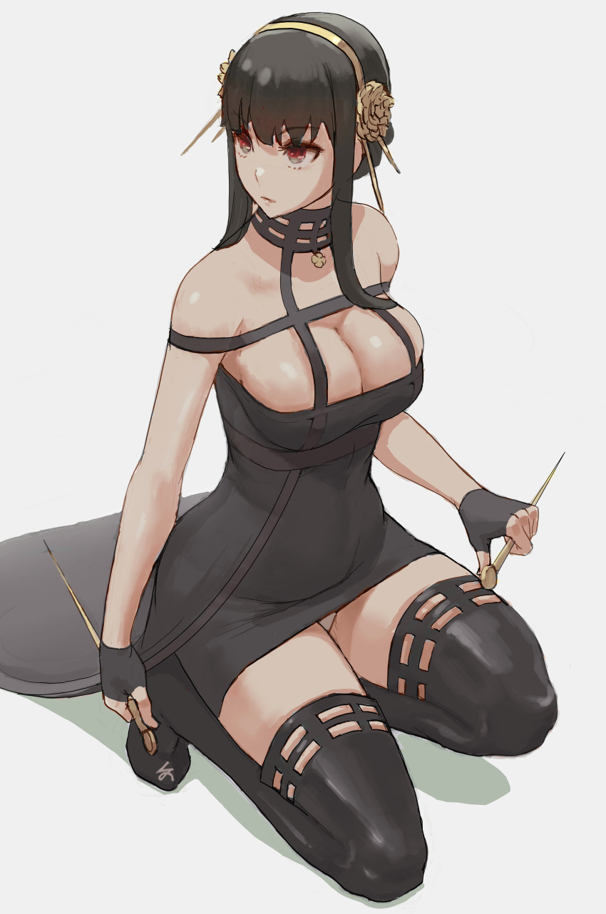 1girls absurd_res artist_signature assassin bare_arms bare_shoulders beauty_mark black_dress black_hair black_legwear breasts cleavage clothed clothing curvy curvy_figure cutesexyrobutts_(style) dress exposed_breasts exposed_panties eyelashes fingerless_gloves flower_ornament fully_clothed gloves hair_ornament hi_res high_resolution holding_object holding_weapon legs_apart legwear light-skinned_female light_skin long_hair looking_to_the_side mature_female neckwear panties pantyshot pantyshot_(kneeling) red_eyes shiny shiny_skin short_hair signature simple_background sitting solo solo_female spy_x_family stiletto_(weapon) straps thick_thighs thighhighs thin_waist thorn_princess tied_hair tight tight_clothing tight_fit voluptuous watermark weapon white_background wide_hips yor_briar yor_forger zefra_bleu