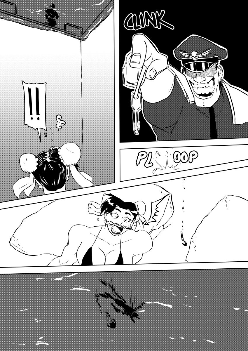 1boy 2girls capcom chun-li comic drtoxic female juri_han key m_bison male monochrome street_fighter tagme underwater