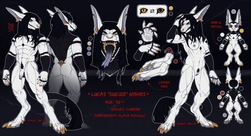 anthro black_hair blood bodily_fluids breasts chibi ear_piercing facial_piercing fangs featureless_crotch female foreskin front_view gauged_ear genitals hair hi_res humanoid_genitalia humanoid_penis humanoid_pussy long_hair looking_at_viewer male mouth_shot multiple_piercings nipples nose_piercing nose_ring nude open_mouth penis piercing pussy rear_view ring_piercing riorix septum_piercing septum_ring sharp_teeth solo standing teeth uncircumcised yellow_eyes