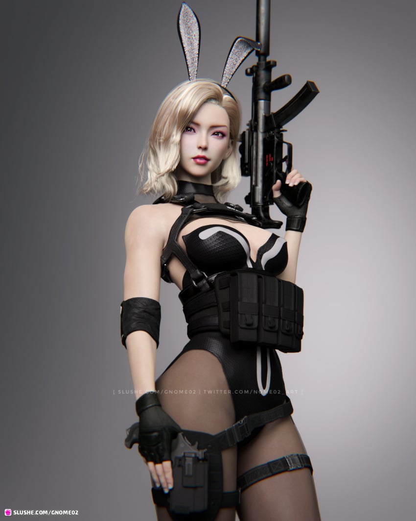 1girls 2022 3d blonde_hair bunny bunny_ears bunny_girl bunnysuit female female_only fingerless_gloves gloves gnome02 gradient_background gun holding_gun holding_object holding_rifle holding_weapon large_breasts lipstick pinup rifle slushe_(website) solo solo_female standing tactical tactical_gear