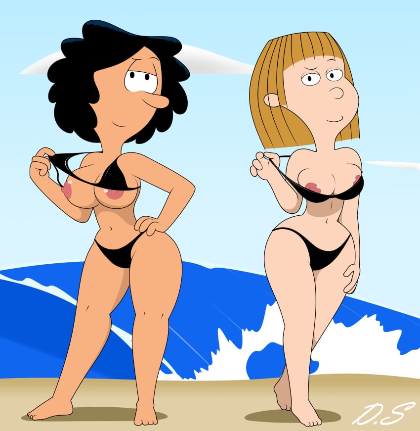 2girls baby_blues beach big_breasts bikini black_hair blonde_hair breasts delta0shadow delta_shadow digital_media female female_focus female_only looking_at_viewer mature mature_female melinda_bitterman milf mother thick_thighs wanda_macpherson