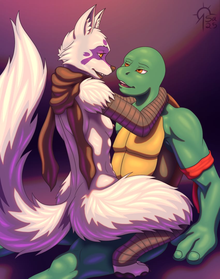 alopex anthro arctic_fox bandage bandaged_arm bandaged_leg bodypaint breasts brown_eyes canid canine claws cowgirl_position duo face_paint female fluffy fluffy_legs fluffy_shoulders fluffy_tail fox from_front_position fur green_body green_skin hi_res male male/female mammal nipples nude on_bottom on_top open_mouth open_smile raphael_(tmnt) reptile sacrificabominat scalie scarf sex small_breasts smile tail teenage_mutant_ninja_turtles true_fox turtle white_body white_fur yellow_eyes
