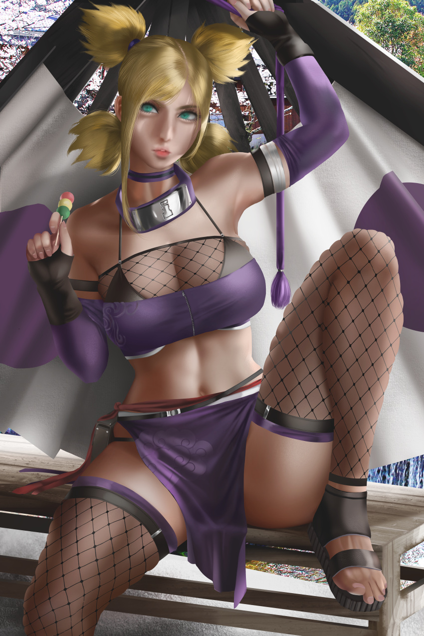 1girls alternate_costume bench blonde_hair boruto:_naruto_next_generations crop_top dango fan feet female female_only folding_fan food gloves green_eyes holding_object legwear makeup mature mature_female midriff milf naruto naruto_(series) on_bench open_toe_shoes orca.huang quad_tails revealing_clothes sandals sitting solo solo_focus stockings temari tied_hair toes tubetop