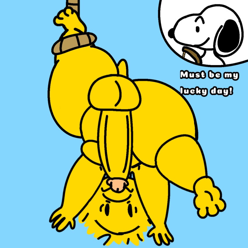 2boys blue_background blue_sky domestic_dog fishing_rod male male_only peanuts peanuts_worldwide_llc redsheep snoopy thick_thighs upside-down woodstock worried worried_expression yellow_body yellow_fur