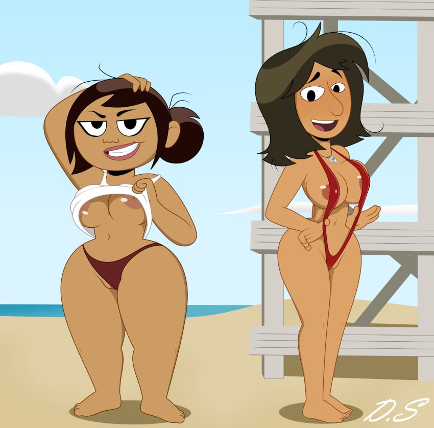 2girls bikini brown_hair chubby chubby_female delta0shadow delta_shadow disney disney_channel female female_focus female_only jewish leah_stein-torres looking_at_viewer milf sharon_mcgee sling_bikini slingshot_swimsuit thai the_ghost_and_molly_mcgee