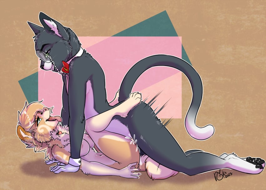 anthro bodily_fluids candid canid canine canis cum cum_inside domestic_cat domestic_dog eyewear felid feline felis female female_anthro from_front_position genital_fluids green_eyes male mammal mating_press monocle pomeranian rika_(artist) rika_(rika) sex spitz tongue tongue_out