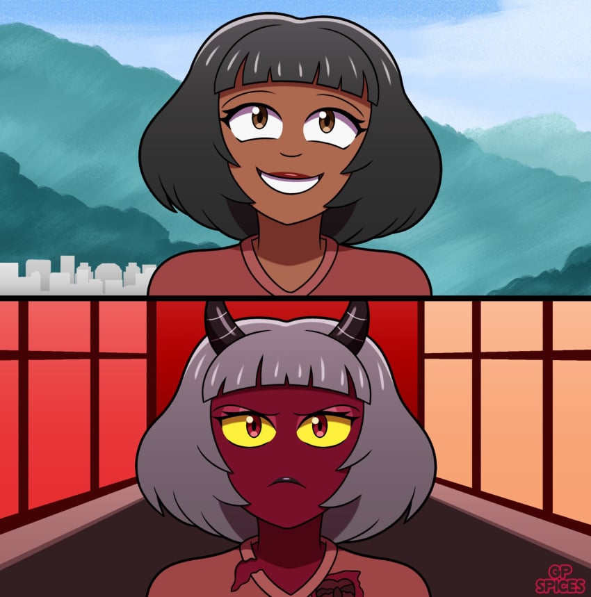 big_breasts black_hair blind_peacock_draws blind_peacock_draws_(artist) breasts brown_eyes bullet_hole bullet_wound city city_background clothed clothes_on clothing demon demon_girl demon_horns demon_tail ecuador ecuadorian gp_spices gray_hair grey_hair happy hazbin_hotel hazbin_hotel_oc hell helluva_boss helluva_boss_oc horns latina latina_female mountain mountain_background mountainous_horizon oro_(blindpeacockdraws) quito red_eyes red_skin reference_image sad scar sfw sinner sinner_demon squid_game torn_clothes yellow_eyes