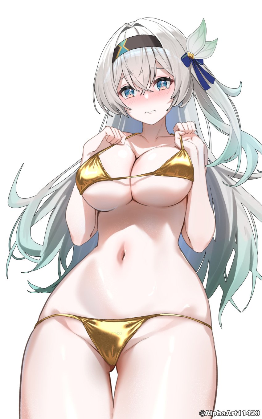 absurdres alphaart bare_shoulders bikini black_bow black_hairband blue_eyes blush bow breasts collarbone cowboy_shot embarrassed female firefly_(honkai:_star_rail) gold_bikini golden_bikini gradient_hair green_hair grey_hair groin hair_between_eyes hairband hairbow highres honkai:_star_rail honkai_(series) large_breasts looking_at_viewer multicolored_hair navel simple_background solo stomach swimsuit tearing_up thigh_gap twitter_username white_background