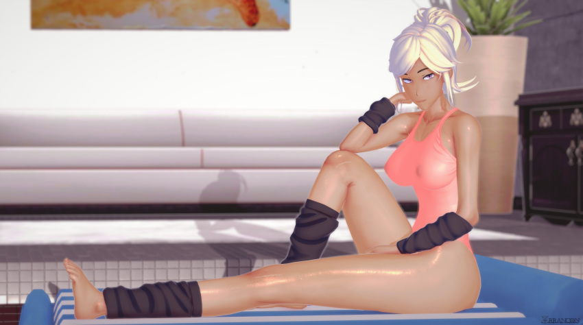 1girls arrancon dark-skinned_female dark_skin looking_at_viewer pink_bikini purple_eyes robyn_hill rwby violet_eyes