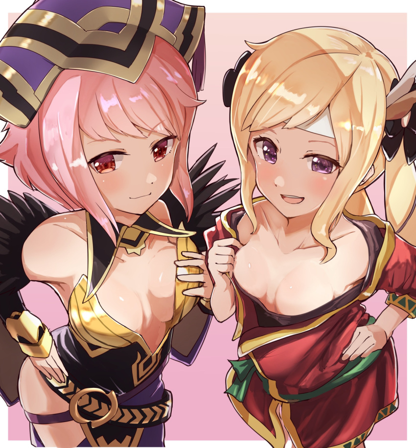 2girls bangs bare_shoulders blonde_hair breasts collarbone elise_(fire_emblem) female female_only fire_emblem fire_emblem:_mystery_of_the_emblem fire_emblem_heroes from_above harukan loki_(fire_emblem) long_hair multiple_girls nintendo open_mouth pink_hair purple_eyes red_eyes sakura_(fire_emblem) short_hair small_breasts smile teasing transformation twintails undressing xane_(fire_emblem)