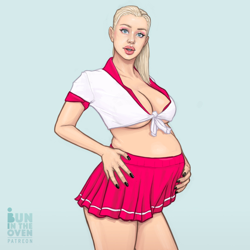 1girls belly big_belly big_breasts blonde_hair blue_eyes breasts bunintheoven cheerleader cleavage female hand_on_belly makeup pregnant