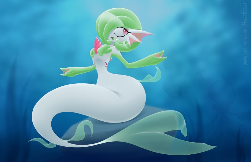 absurd_res anthro big_lips chest_spike female game_freak gardevoir gills green_hair green_lipstick hourglass_figure hyperflannel looking_at_viewer mermaid nintendo pasties png pokemon pokemon_(species) red_eyes seashell_pasties seated thin_waist webbed_hands white_tail wide_hips