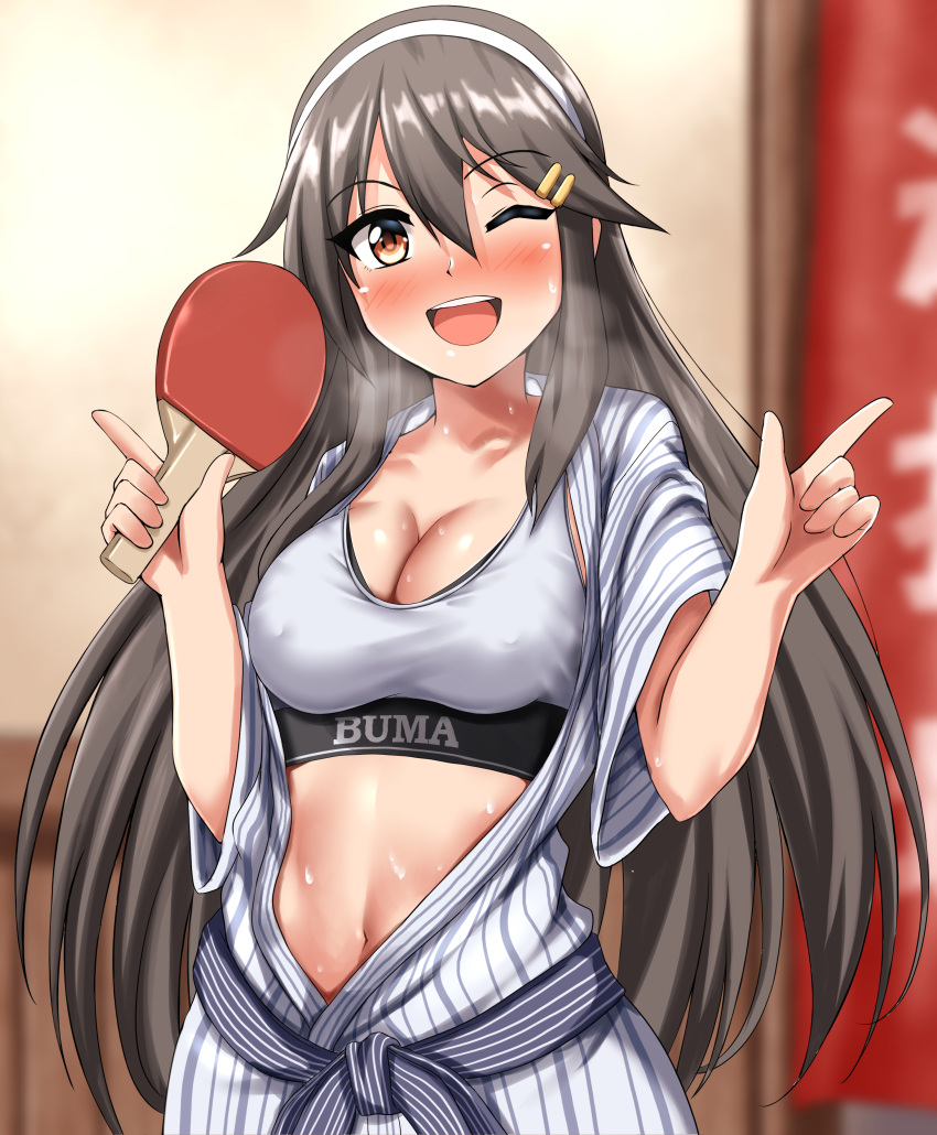 2022 blush bra breasts brown_hair female haruna_(kantai_collection) kantai_collection long_hair looking_at_viewer navel one_eye_closed orange_eyes sports_bra sweat tagme white_bra wink zanntetu