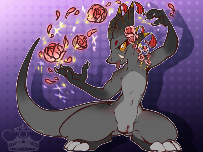 2022 anthro female flat_chested flower genitals gold_(metal) gold_jewelry horn jewelry kobold looking_at_viewer nude plant pose presenting pussy scalie solo spread_legs spreading teasing tongue tongue_out whimsydreams