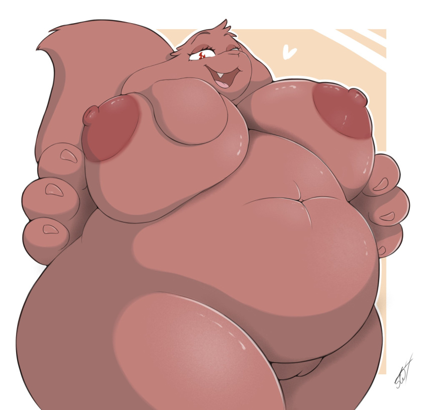 anthro big_breasts breasts canid canine canis claws domestic_dog fangs female genitals heart hi_res huge_breasts huge_hands long_ears looking_at_viewer looking_down mammal navel open_mouth overweight pussy smile solo swolptr thick_thighs tongue