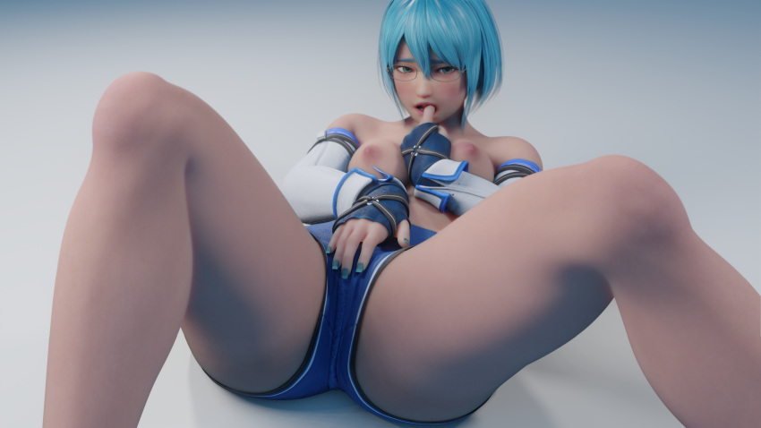 1girls 3d areolae barely_clothed bitting_finger blue_eyes blue_hair breasts clothing dead_or_alive female female_only finger_in_mouth glasses horny looking_at_viewer nico_(doa) shy solo thick_thighs