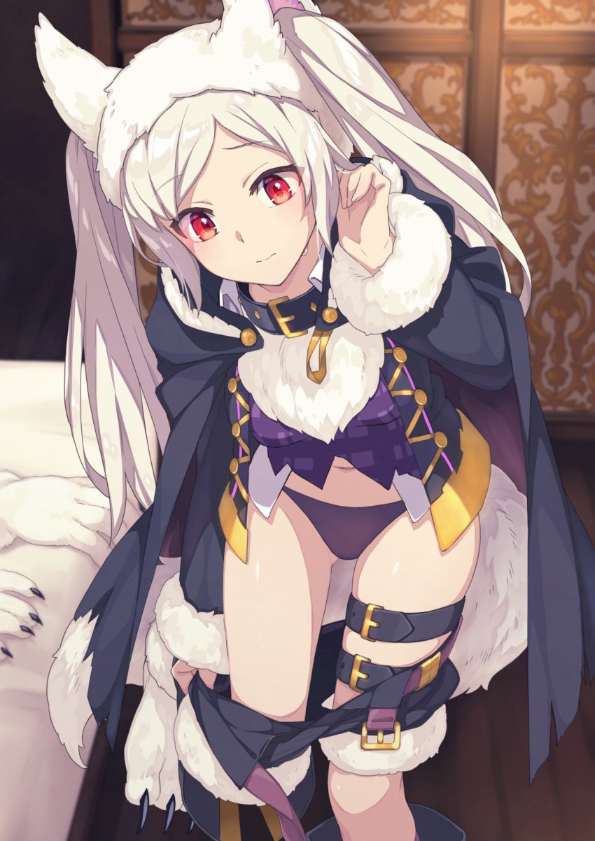 1girls adjusting_hair alternate_costume animal_ears anus ass_visible_through_thighs bangs bare_legs bare_thighs bed black_coat black_panties black_shorts breasts buckle closed_mouth clothes_pull coat collar commission dressing eyebrows_visible_through_hair fake_animal_ears feet_out_of_frame female female_only fire_emblem fire_emblem_awakening fire_emblem_heroes fur-trimmed_headwear fur-trimmed_shorts fur-trimmed_sleeves fur_hat fur_trim grima_(fire_emblem) halloween halloween_costume hat highres indoors leaning_forward legs long_hair long_sleeves looking_down medium_breasts navel nintendo official_alternate_costume open_clothes open_coat panties parted_bangs pulled_by_self purple_panties purple_shirt red_eyes robin_(female)_(halloween)_(fire_emblem) robin_(fire_emblem) robin_(fire_emblem)_(female) saipaco shirt shorts shorts_pull skeb_commission solo standing thigh_strap thighs twintails underwear undressing white_hair wolf_girl