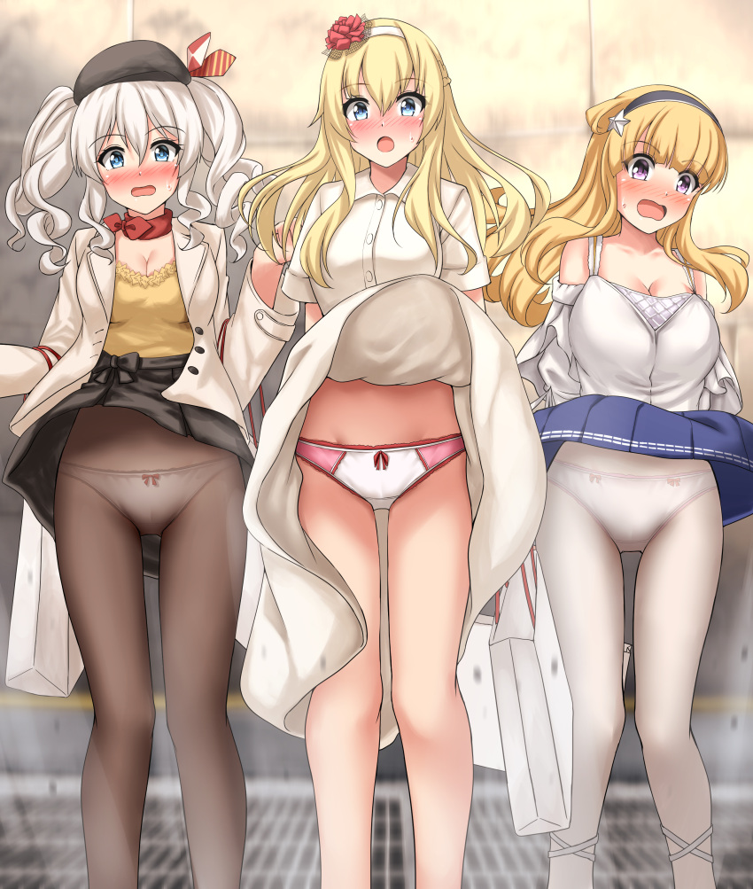 2022 blonde_hair blue_eyes blush bow_panties breasts cleavage embarrassed fletcher_(kantai_collection) grey_hair hairband hat kantai_collection kashima_(kantai_collection) long_hair panties panties_under_pantyhose pantyhose pink_panties purple_eyes skirt skirt_lift sweat tagme thighs twintails warspite_(kantai_collection) white_panties wind_lift zanntetu