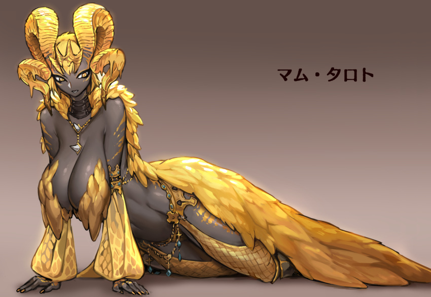 1girls black_skin breasts capcom dark-skinned_female dark_skin detached_sleeves dragon dragon_girl female female_focus female_only functionally_nude functionally_nude_female gold gold_(metal) gold_eyes gold_jewelry hands_on_floor humanized inner_thighs jewelry kulve_taroth large_breasts monster_girl monster_hunter monster_hunter_world navel navel_line necklace nipple_covers nude_female on_side oopartz_yang tagme thick_thighs thighs