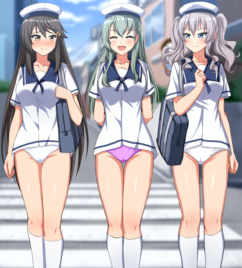 2022 3girls blue_eyes blush brown_hair closed_eyes female green_hair grey_hair haruna_(kantai_collection) kantai_collection kashima_(kantai_collection) kneehighs long_hair orange_eyes panties purple_panties socks standing suzuya_(kantai_collection) sweat tagme twintails uniform white_panties zanntetu