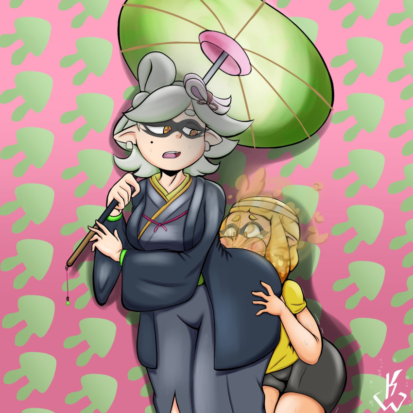 1boy 1girls alternate_version_available ass big_ass big_breasts blonde_hair breasts digital_drawing_(artwork) dominant_female earrings fangs fart fart_cloud farting female femdom gas gassy hair_ornament hi_res holding_ass inkling kimono male marie_(octo_canyon) marie_(splatoon) mole mole_under_eye orange_eyes shirt short_eyebrows shorts simple_background splatoon splatoon_2 splatoon_2:_octo_canyon submissive_male tears umbrella watermark weirdkenn white_hair yellow_shirt