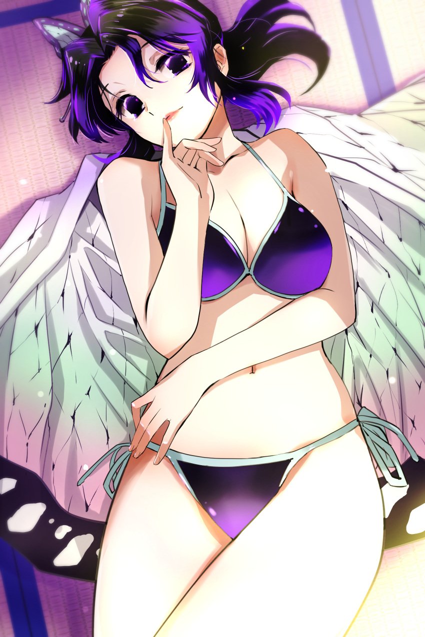 absurd_res bikini butterfly_hair_ornament cleavage dark_hair demon_slayer female female_only finger_to_mouth haori hi_res kimetsu_no_yaiba kochou_shinobu looking_at_viewer medium_breasts on_back purple_bikini purple_eyes purple_hair side-tie_bikini solo swimsuit tatami very_high_resolution yutaka_tanaka