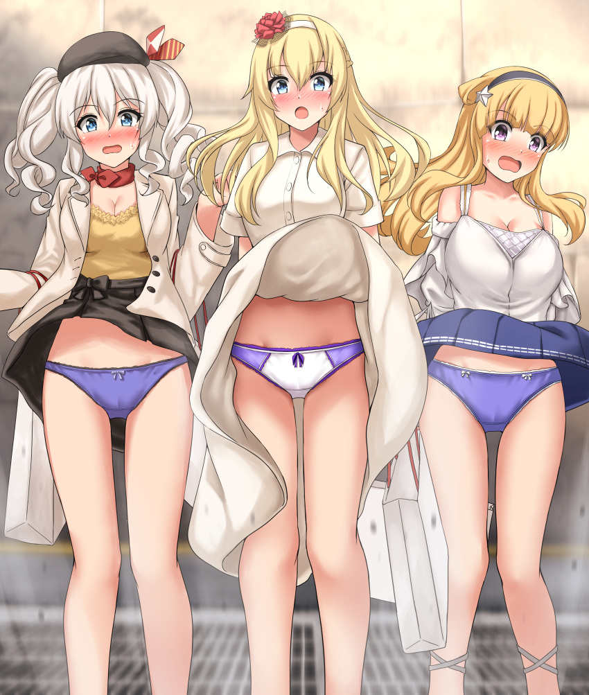 2022 blonde_hair blue_eyes blush bow_panties breasts cleavage embarrassed fletcher_(kantai_collection) grey_hair hairband hat kantai_collection kashima_(kantai_collection) long_hair panties purple_eyes purple_panties skirt skirt_lift sweat tagme thighs twintails warspite_(kantai_collection) wind_lift zanntetu