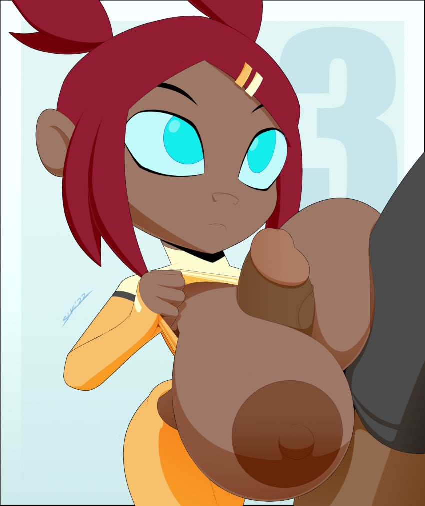 big_breasts big_penis blue_eyes cleavage dark-skinned_female female huge_breasts nipples paizuri red_hair sari_sumdac slickehedge straight transformers transformers_animated twin