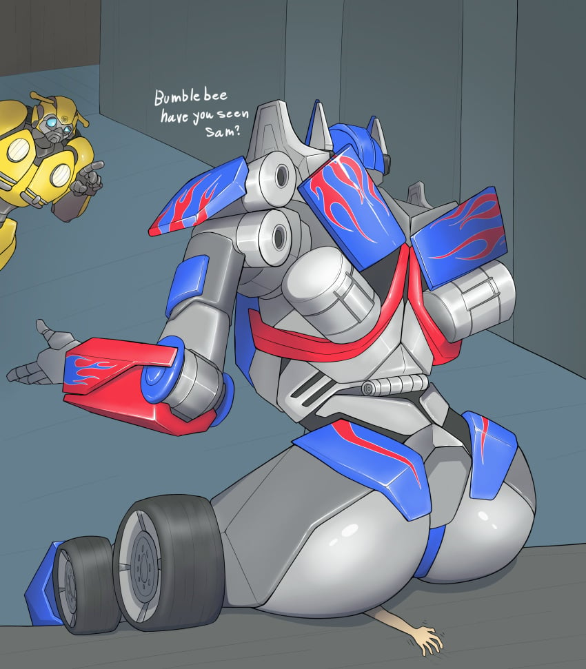 big_ass bumblebee_(transformers) butt_crush male male_only mp-eva_ optimus_prime robot sitting sitting_on_person squish thick_ass unaware_buttcrush