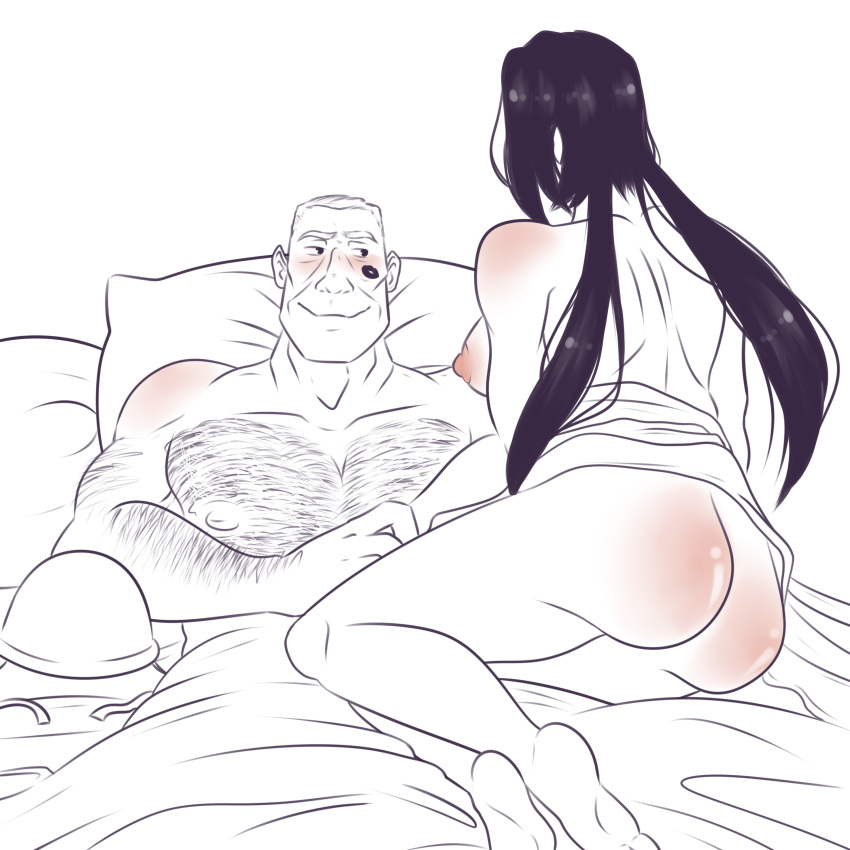 1boy 1girls big_ass big_butt blush chest_hair dark_hair holding_hands lipstick_mark lipstick_on_cheek long_hair lying lying_on_bed muscular muscular_female muscular_male no_visible_genitalia pink_ass pink_nipples smiling smiling_at_partner soldier_(team_fortress_2) team_fortress_2 thick_ass thick_hips valve zhanna