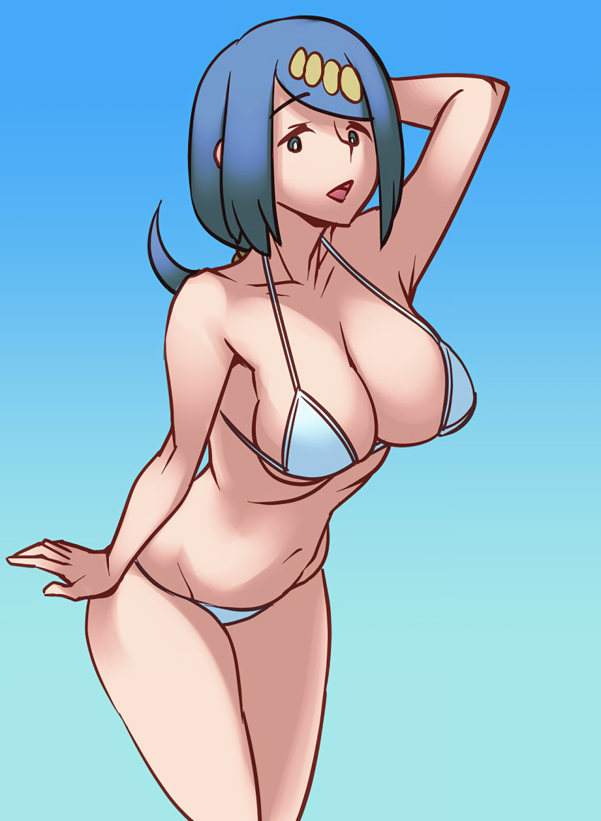 1girls alternate_breast_size arm_behind_head armpit_peek big_breasts bikini blue_hair breasts busty cleavage e_keroron female female_only highres lana's_mother_(pokemon) large_breasts legs long_hair looking_at_viewer mature_female mature_woman milf mob_face navel nintendo open_mouth pokemon pokemon_(anime) pokemon_sm pokemon_sm_(anime) pose posing simple_background smile solo swimsuit thighs voluptuous white_bikini