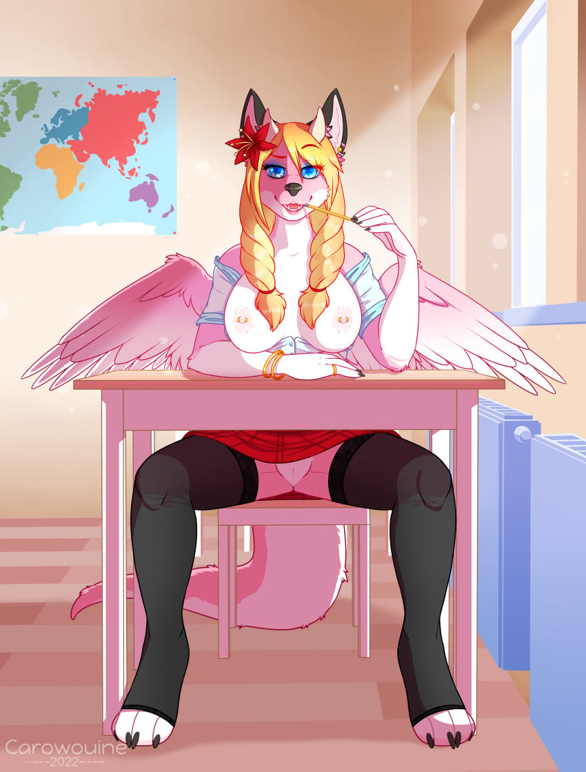 absurd_res anthro bottomwear breasts canid canine canis carowouine clothed clothing dragon female flower genitals hi_res horn hybrid jewelry legwear makeup mammal nipple_piercing nipples partially_clothed pencil_(disambiguation) pencil_in_mouth piercing plant pussy roketchu school skirt solo stockings wings wolf