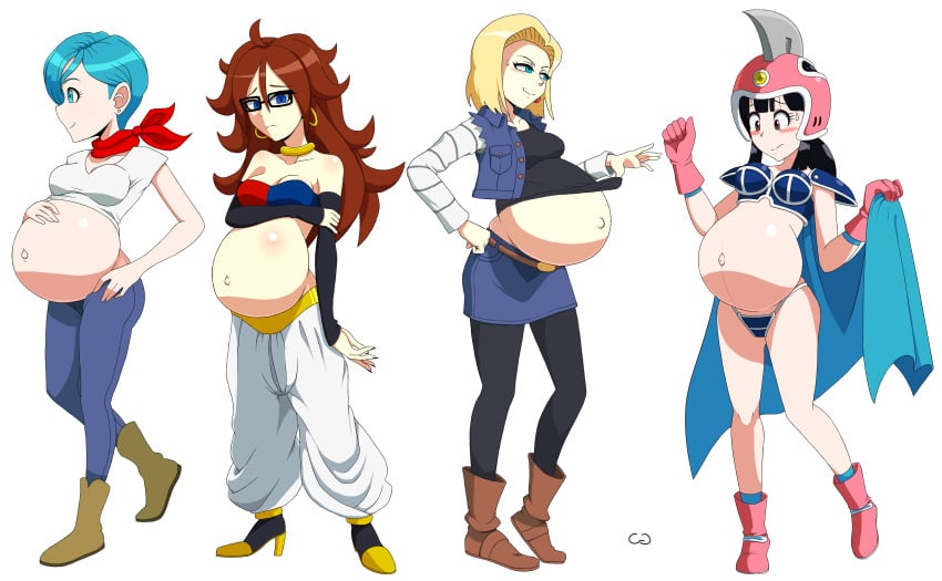 4girls android_18 android_21 belly big_belly big_breasts black_hair blonde_hair blue_hair breasts brown_hair bulma_briefs cg3p chichi chichi's_armor chichi's_helmet cleavage dragon_ball dragon_ball_fighterz dragon_ball_super dragon_ball_z female female_focus female_only glasses high_heels light-skinned_female light_skin long_brown_hair multiple_pregnancies pregnant pregnant_female quadruple_pregnancy short_blonde_hair