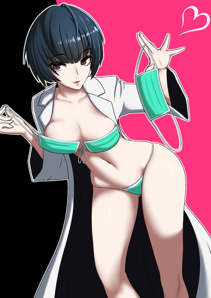 1girls background big_breasts blue_hair breasts busty doctor face_mask goth large_breasts light-skinned_female light_skin mask mask_bikini mask_on_breasts mask_on_crotch mask_panties mask_pull navel persona persona_5 puroppa sensual shin_megami_tensei short_hair tae_takemi thighs voluptuous