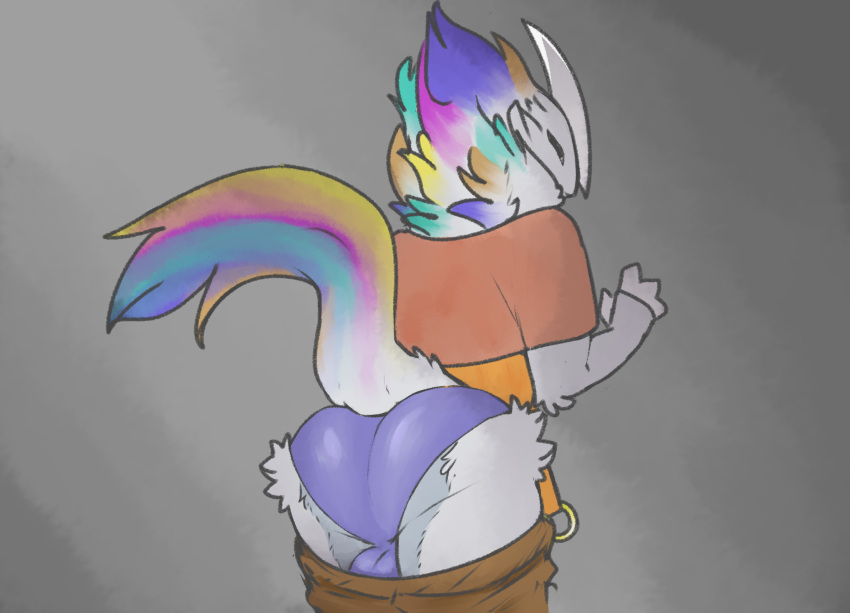 2022 anthro ass ball_bulge balls bottomwear bottomwear_down bulge clothed clothing colored fluffy fur genitals hair hi_res male male_only multicolored_body multicolored_fur multicolored_hair multicolored_tail pants pants_down partially_clothed presenting presenting_hindquarters rainbow_hair rainbow_tail shaded shirt solo thrumbo_(species) topwear troplilly