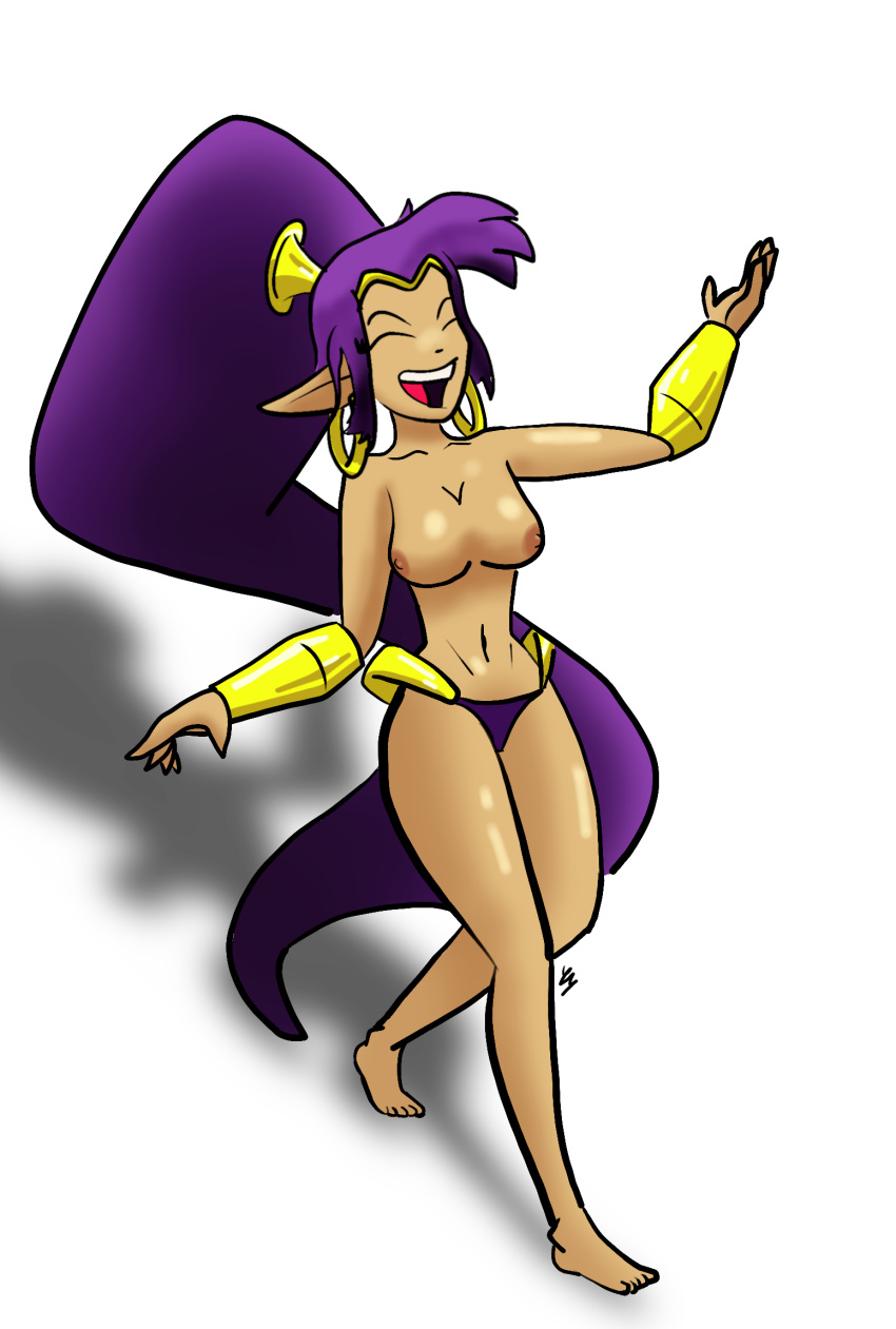 bottomless closed_eyes female hoop_earrings open_mouth pointy_ears purple_hair shantae shantae_(character) smooth_skin solo tan_skin very_long_hair yy-drawshub