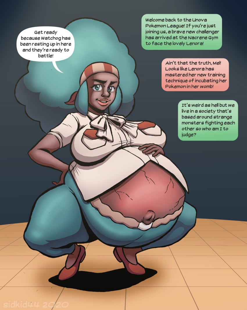 1girls afro belly belly_button big_belly big_breasts breasts dark-skinned_female dark_skin female green_hair hand_on_belly large_breasts lenora_(pokemon) outie_navel pokemon pokemon_bw pregnant sidkid44 squatting veiny_belly